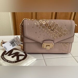 NWT Michael Kors Kinsley Gold Floral Studded Leather Crossbody